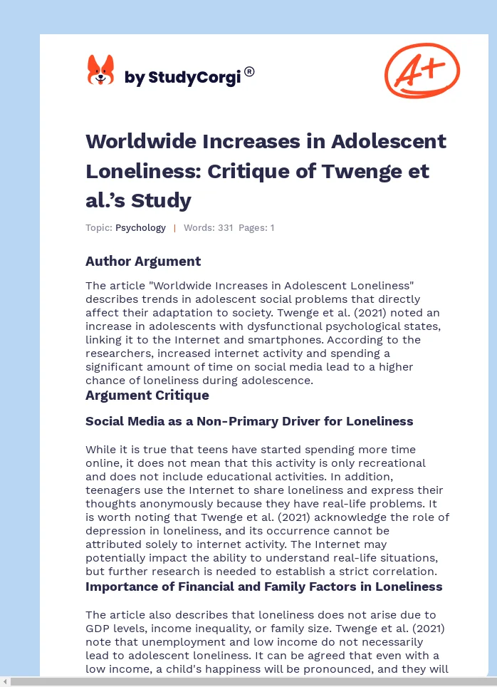 Worldwide Increases in Adolescent Loneliness: Critique of Twenge et al.’s Study. Page 1