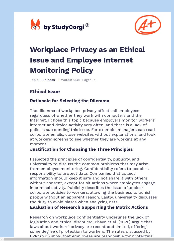 Workplace Privacy as an Ethical Issue and Employee Internet Monitoring Policy. Page 1