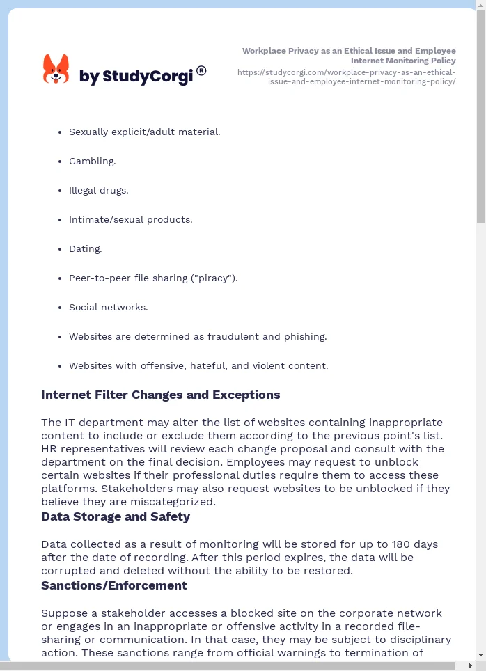 Workplace Privacy as an Ethical Issue and Employee Internet Monitoring Policy. Page 2