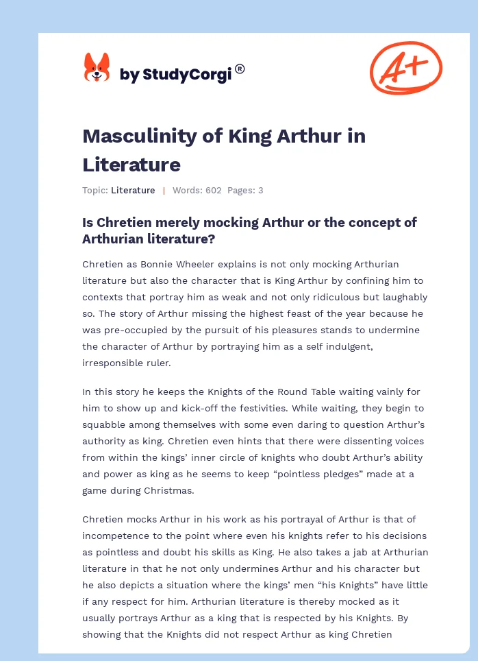 Masculinity of King Arthur in Literature. Page 1