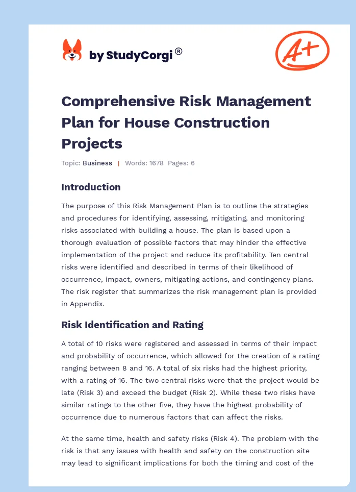 Comprehensive Risk Management Plan for House Construction Projects. Page 1