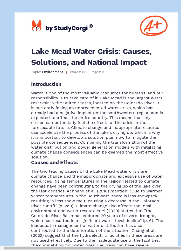 Lake Mead Water Crisis: Causes, Solutions, and National Impact. Page 1