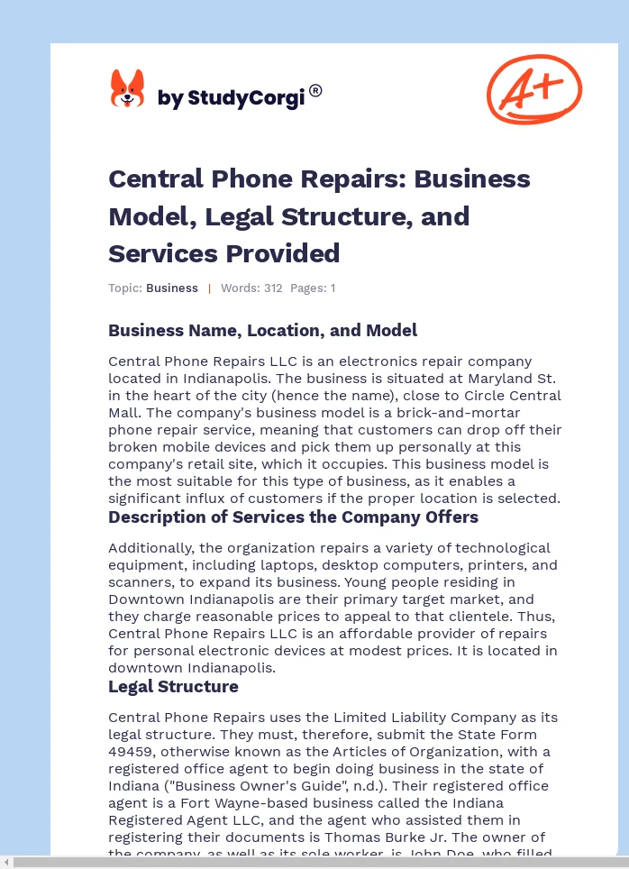 Central Phone Repairs: Business Model, Legal Structure, and Services Provided. Page 1