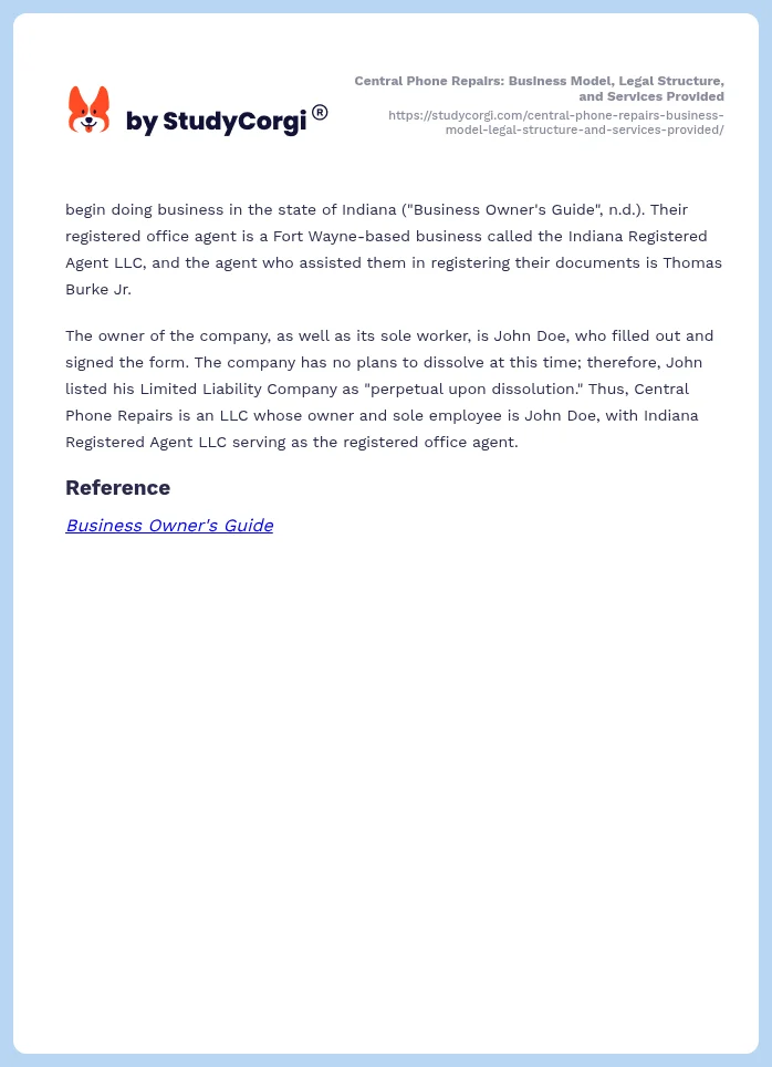 Central Phone Repairs: Business Model, Legal Structure, and Services Provided. Page 2