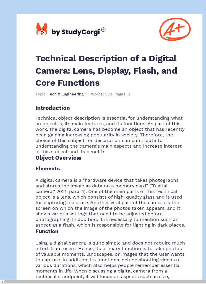 Technical Description of a Digital Camera: Lens, Display, Flash, and Core Functions. Page 1