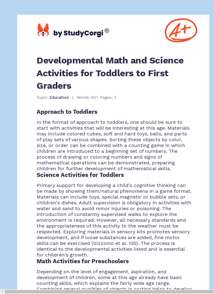 Developmental Math and Science Activities for Toddlers to First Graders. Page 1