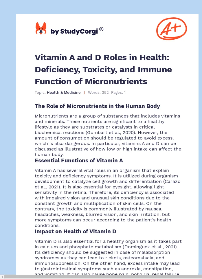 Vitamin A and D Roles in Health: Deficiency, Toxicity, and Immune Function of Micronutrients. Page 1