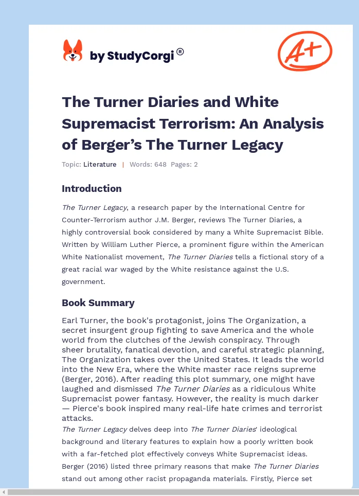 The Turner Diaries and White Supremacist Terrorism: An Analysis of Berger’s The Turner Legacy. Page 1