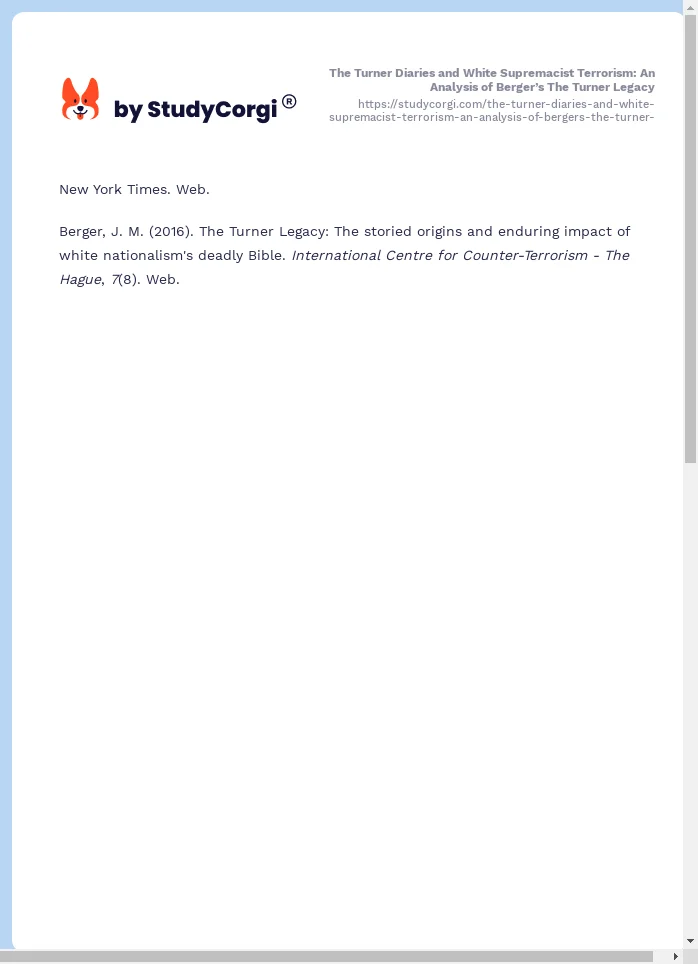 The Turner Diaries and White Supremacist Terrorism: An Analysis of Berger’s The Turner Legacy. Page 2