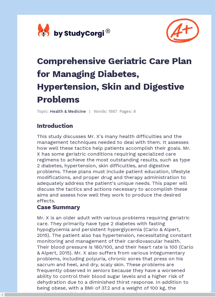 Comprehensive Geriatric Care Plan for Managing Diabetes, Hypertension, Skin and Digestive Problems. Page 1