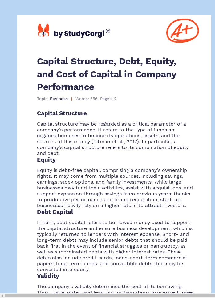 Capital Structure, Debt, Equity, and Cost of Capital in Company Performance. Page 1