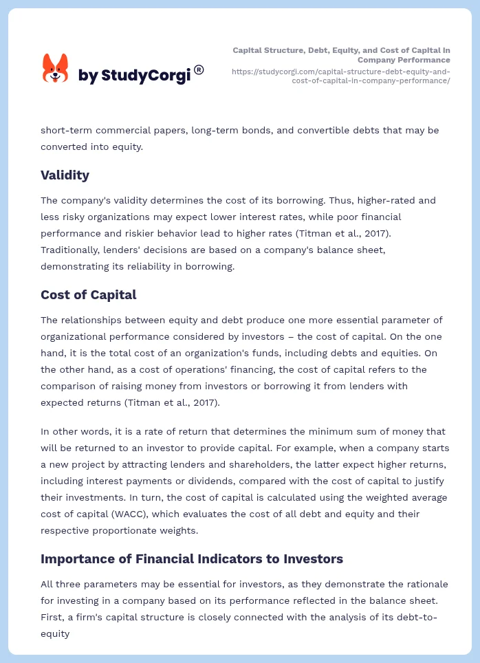 Capital Structure, Debt, Equity, and Cost of Capital in Company Performance. Page 2