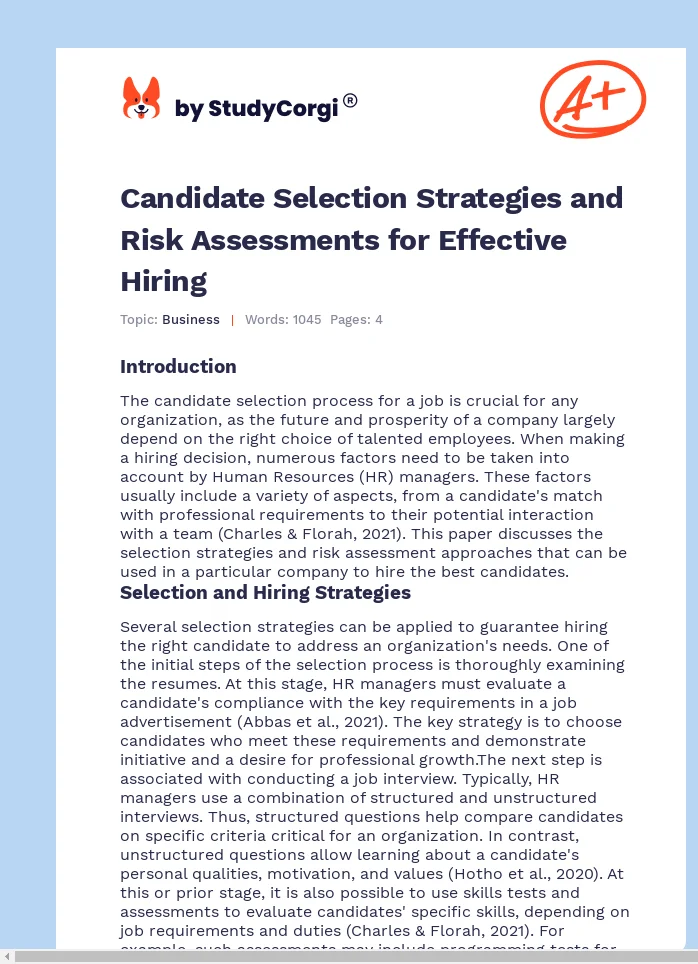 Candidate Selection Strategies and Risk Assessments for Effective Hiring. Page 1