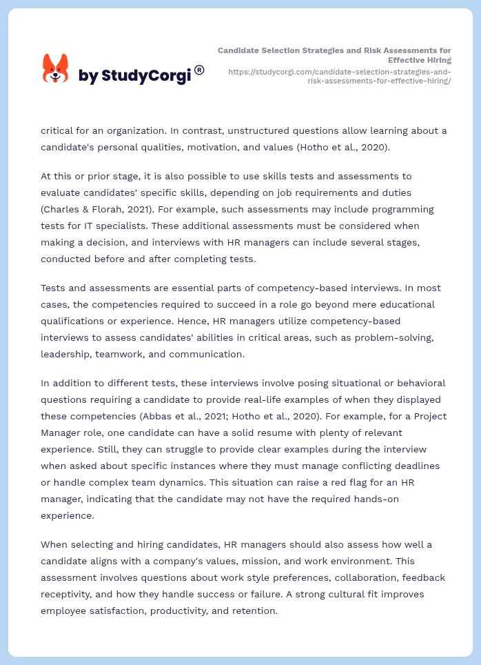 Candidate Selection Strategies and Risk Assessments for Effective Hiring. Page 2