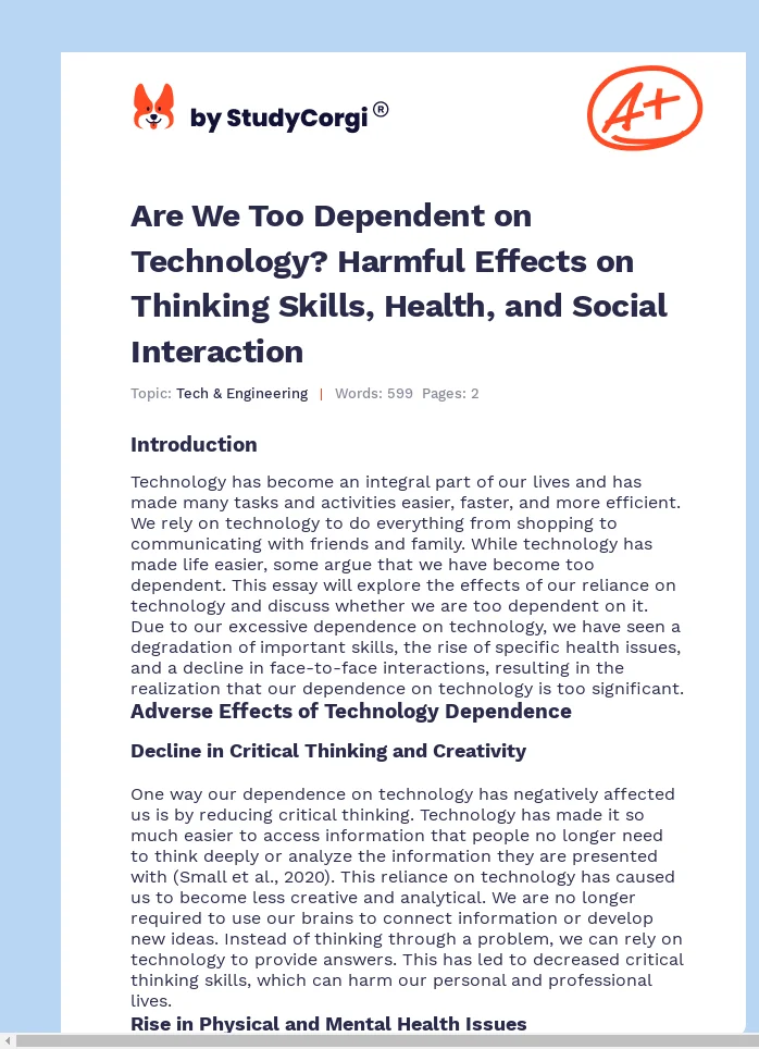 Are We Too Dependent on Technology? Harmful Effects on Thinking Skills, Health, and Social Interaction. Page 1