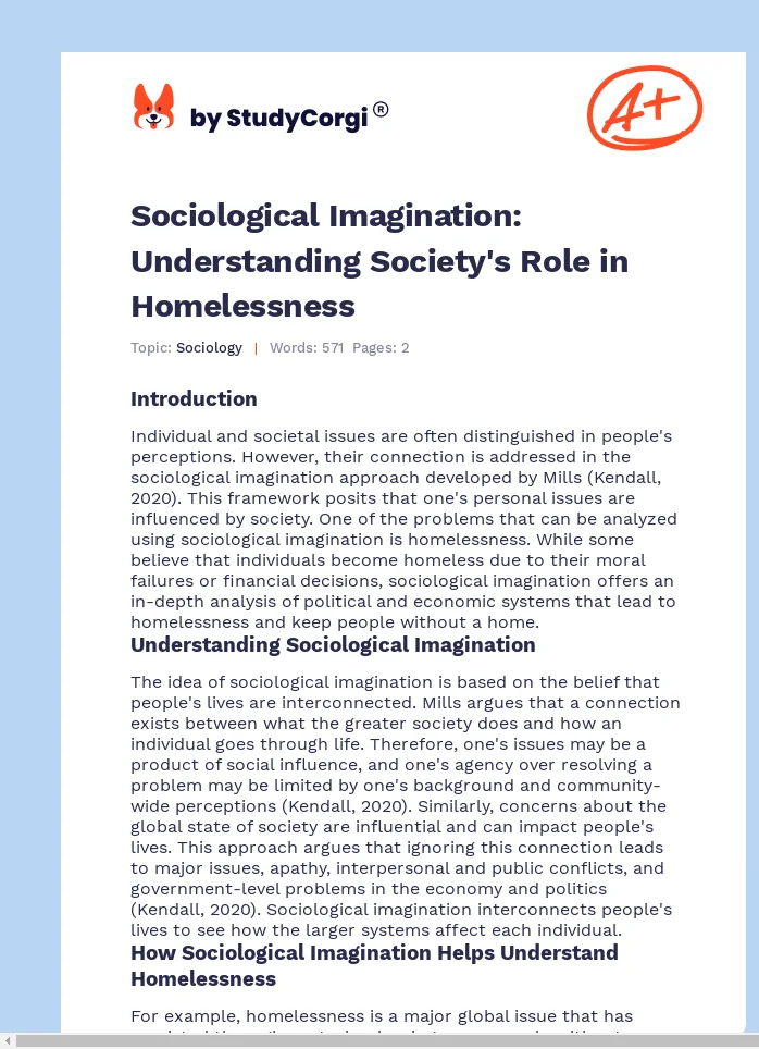 Sociological Imagination: Understanding Society's Role in Homelessness. Page 1