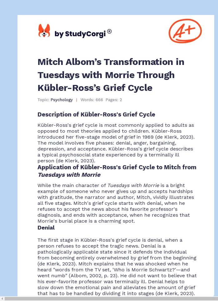 Mitch Albom’s Transformation in Tuesdays with Morrie Through Kübler-Ross’s Grief Cycle. Page 1