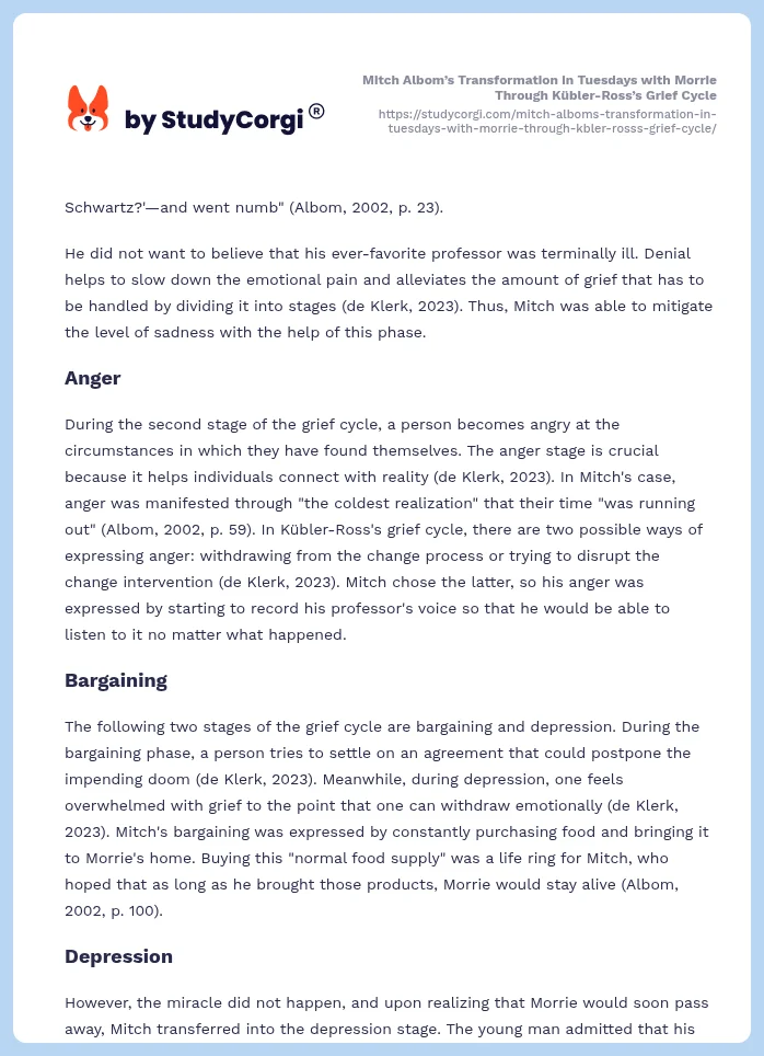 Mitch Albom’s Transformation in Tuesdays with Morrie Through Kübler-Ross’s Grief Cycle. Page 2