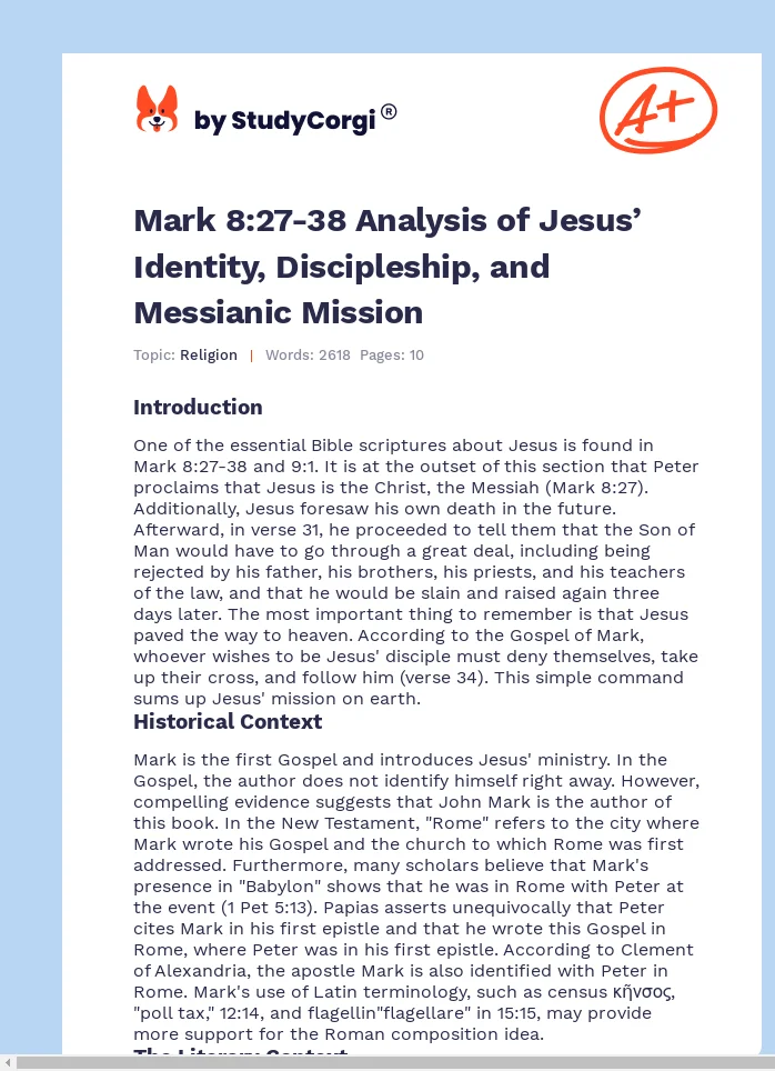 Mark 8:27-38 Analysis of Jesus’ Identity, Discipleship, and Messianic Mission. Page 1
