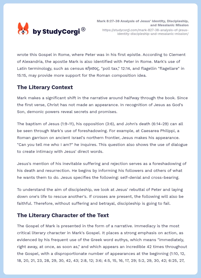 Mark 8:27-38 Analysis of Jesus’ Identity, Discipleship, and Messianic Mission. Page 2