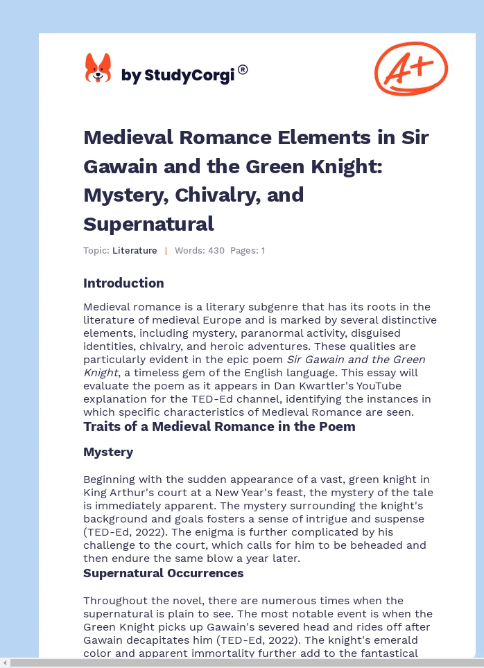 Medieval Romance Elements in Sir Gawain and the Green Knight: Mystery, Chivalry, and Supernatural. Page 1