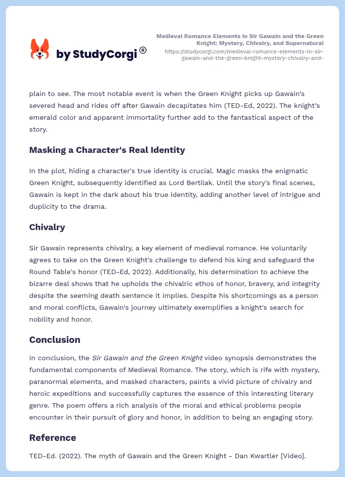 Medieval Romance Elements in Sir Gawain and the Green Knight: Mystery, Chivalry, and Supernatural. Page 2