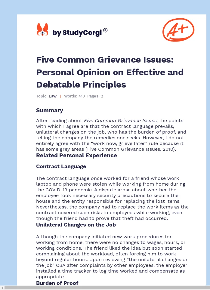 Five Common Grievance Issues: Personal Opinion on Effective and Debatable Principles. Page 1