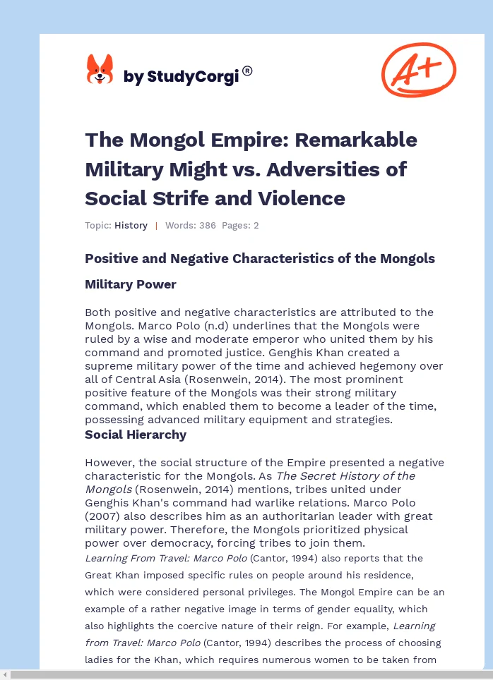 The Mongol Empire: Remarkable Military Might vs. Adversities of Social Strife and Violence. Page 1