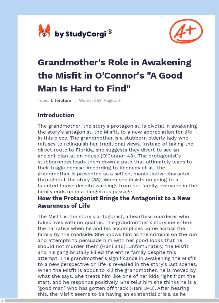 Grandmother's Role in Awakening the Misfit in O'Connor's "A Good Man Is Hard to Find". Page 1
