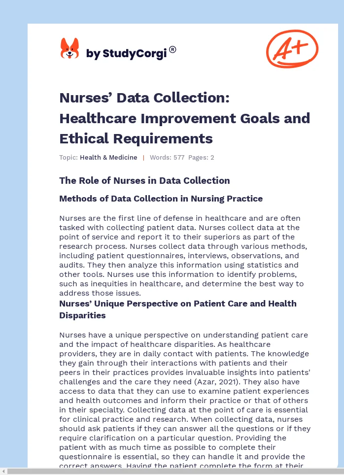 Nurses’ Data Collection: Healthcare Improvement Goals and Ethical Requirements. Page 1