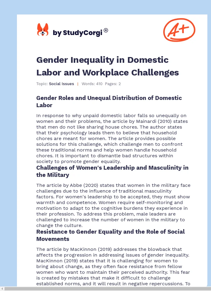 Gender Inequality in Domestic Labor and Workplace Challenges. Page 1