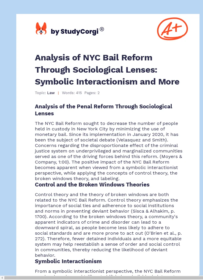 Analysis of NYC Bail Reform Through Sociological Lenses: Symbolic Interactionism and More. Page 1
