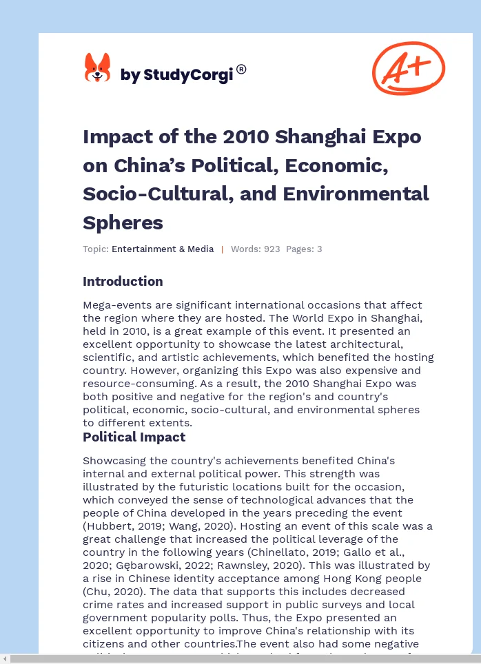 Impact of the 2010 Shanghai Expo on China’s Political, Economic, Socio-Cultural, and Environmental Spheres. Page 1