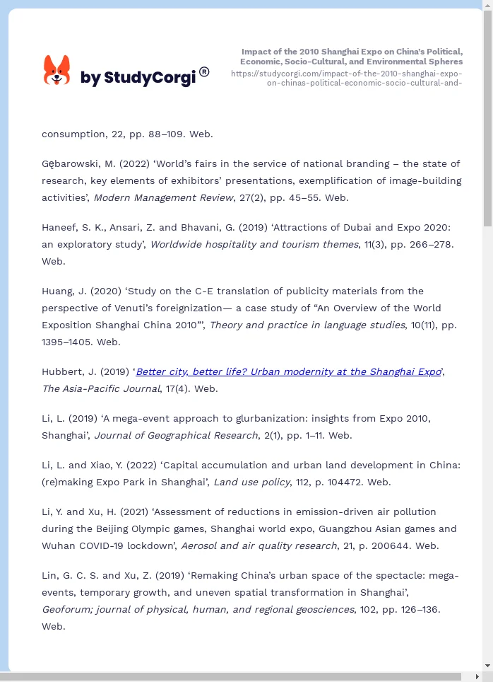 Impact of the 2010 Shanghai Expo on China’s Political, Economic, Socio-Cultural, and Environmental Spheres. Page 2
