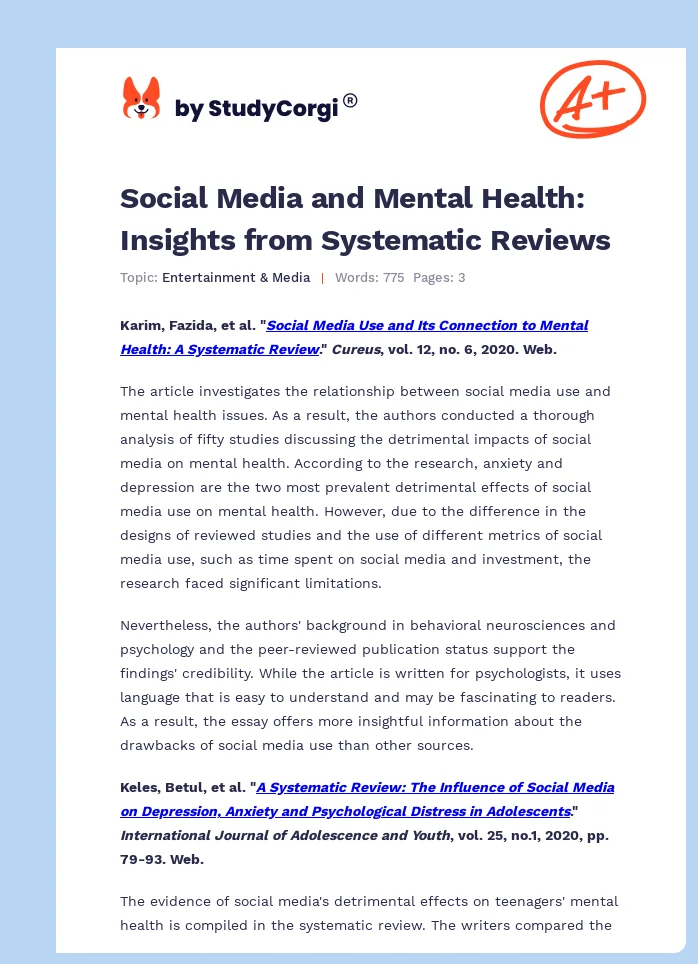 Social Media and Mental Health: Insights from Systematic Reviews. Page 1