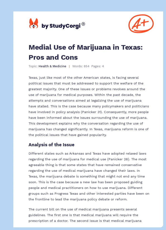 Medial Use of Marijuana in Texas: Pros and Cons. Page 1