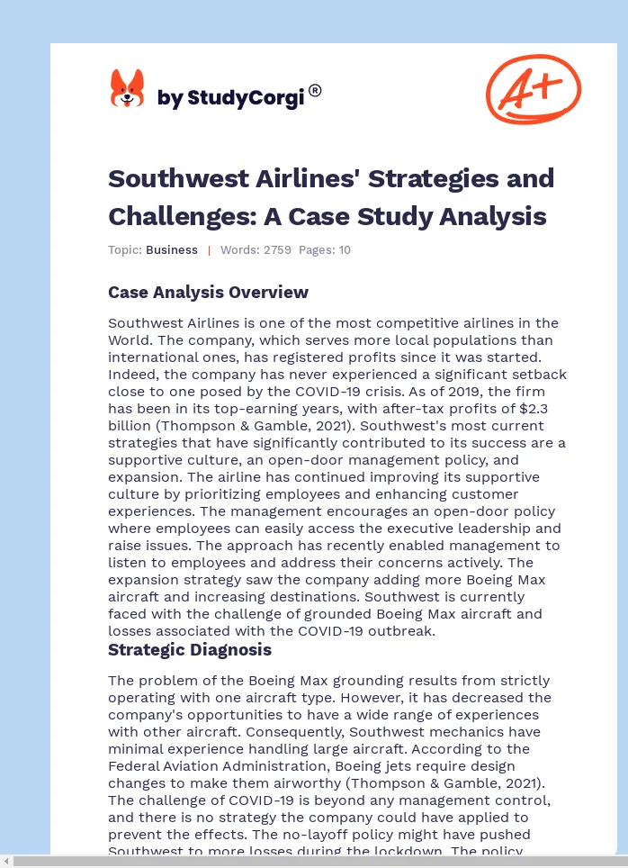 Southwest Airlines' Strategies and Challenges: A Case Study Analysis. Page 1