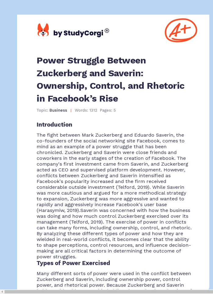 Power Struggle Between Zuckerberg and Saverin: Ownership, Control, and Rhetoric in Facebook’s Rise. Page 1