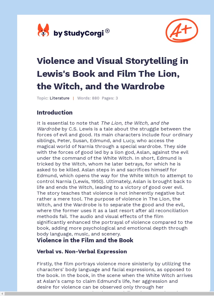 Violence and Visual Storytelling in Lewis's Book and Film The Lion, the Witch, and the Wardrobe. Page 1