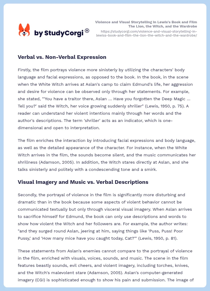 Violence and Visual Storytelling in Lewis's Book and Film The Lion, the Witch, and the Wardrobe. Page 2