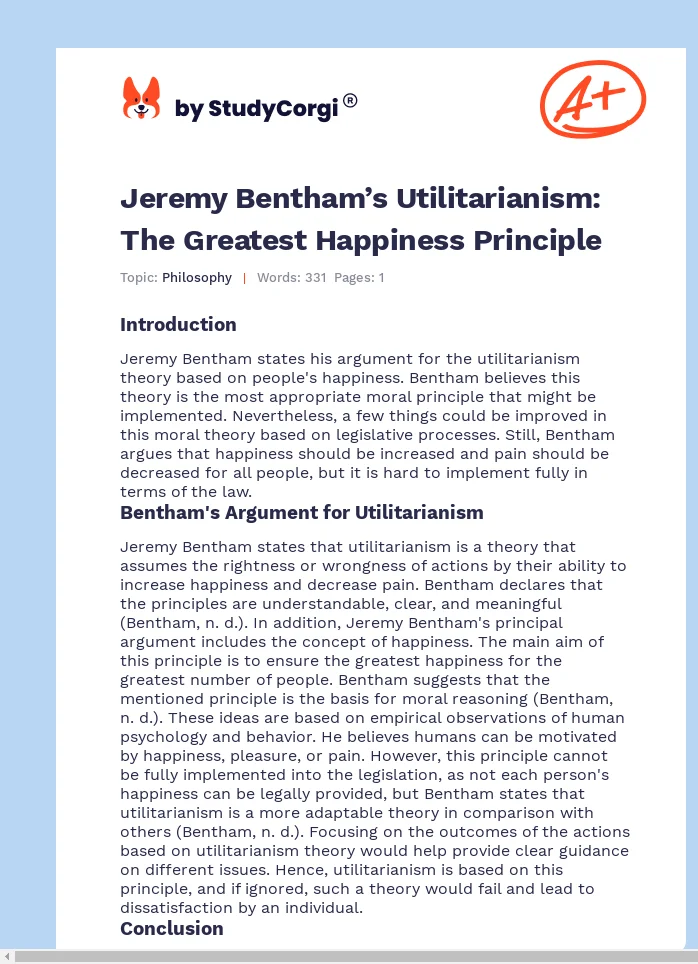 Jeremy Bentham’s Utilitarianism: The Greatest Happiness Principle. Page 1
