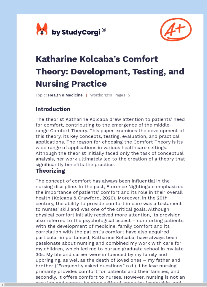 Katharine Kolcaba’s Comfort Theory: Development, Testing, and Nursing Practice. Page 1