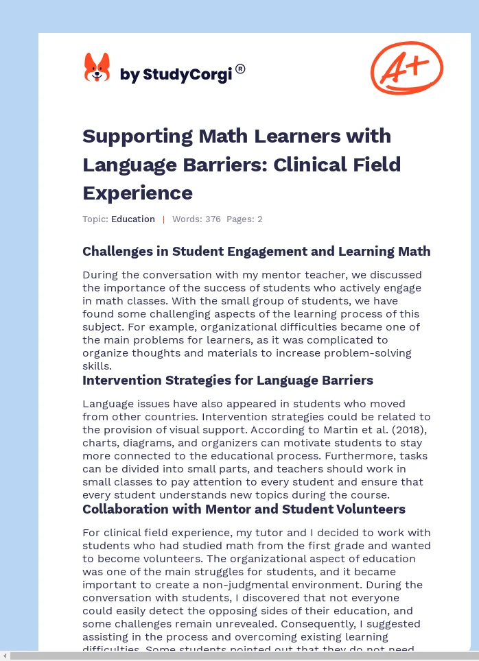 Supporting Math Learners with Language Barriers: Clinical Field Experience. Page 1