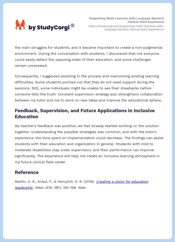 Supporting Math Learners with Language Barriers: Clinical Field Experience. Page 2