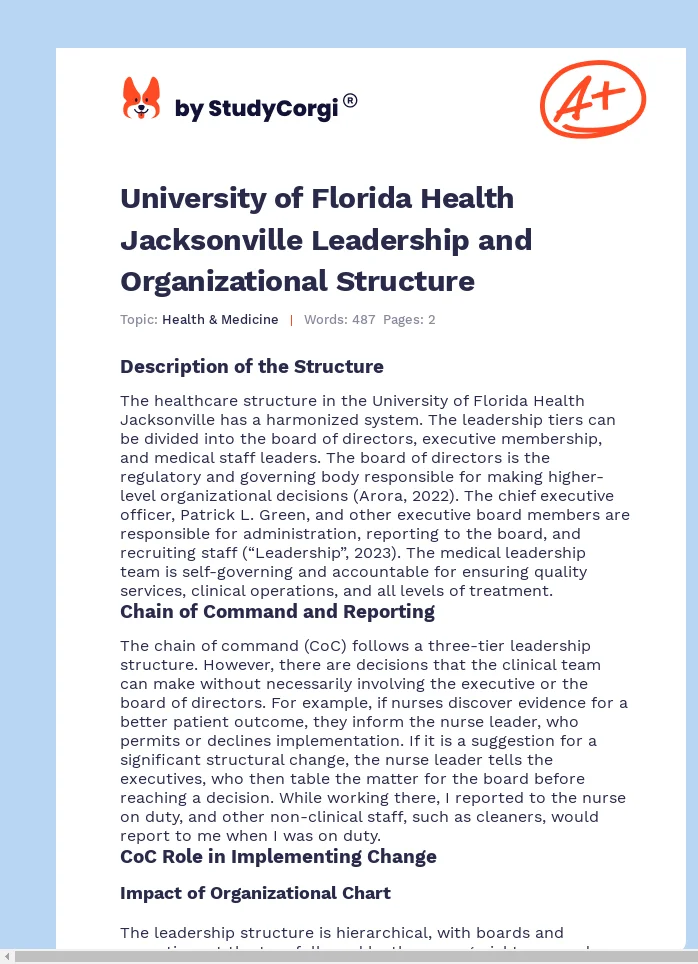 University of Florida Health Jacksonville Leadership and Organizational Structure. Page 1