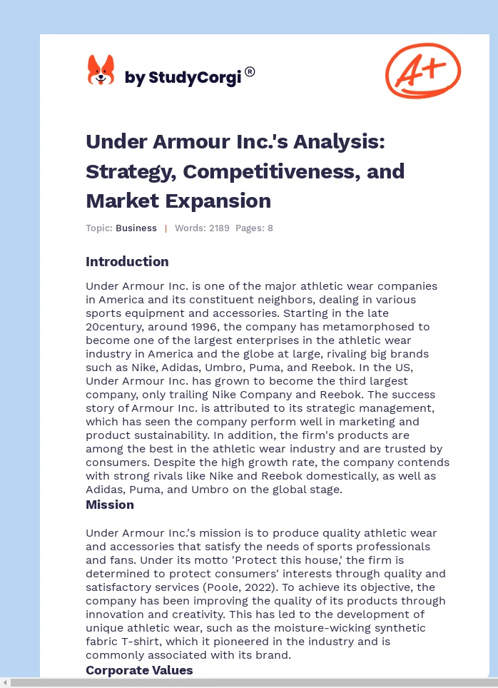 Under Armour Inc.'s Analysis: Strategy, Competitiveness, and Market Expansion. Page 1