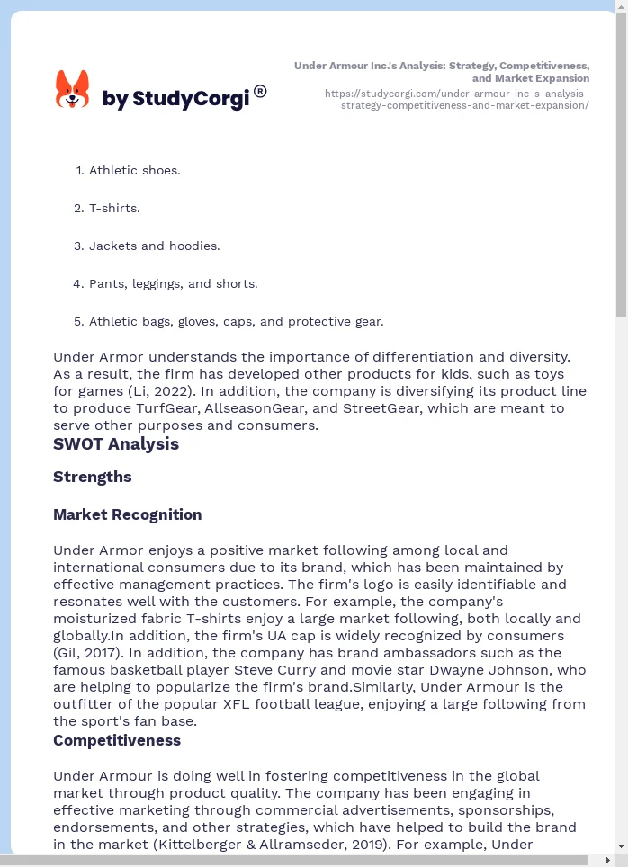 Under Armour Inc.'s Analysis: Strategy, Competitiveness, and Market Expansion. Page 2
