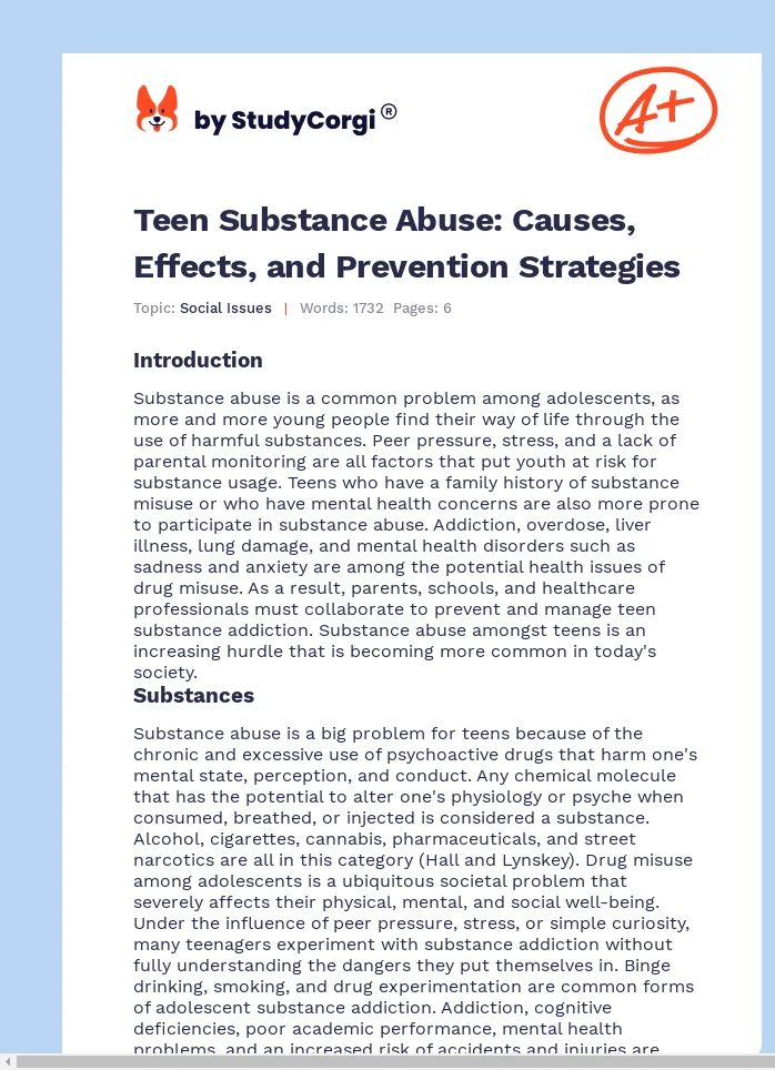 Teen Substance Abuse: Causes, Effects, and Prevention Strategies. Page 1