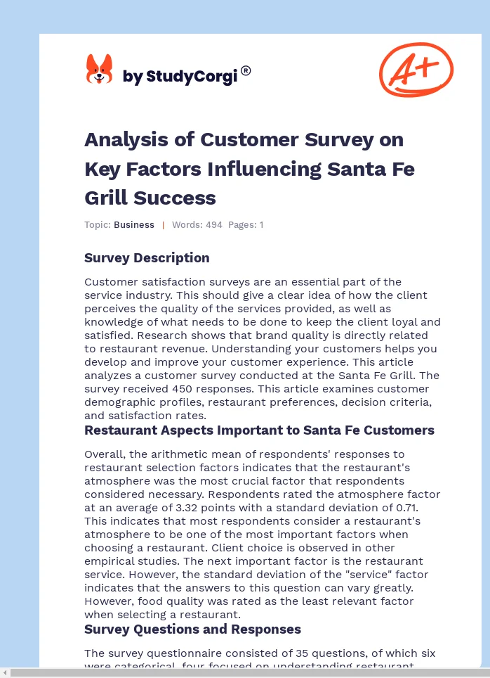 Analysis of Customer Survey on Key Factors Influencing Santa Fe Grill Success. Page 1