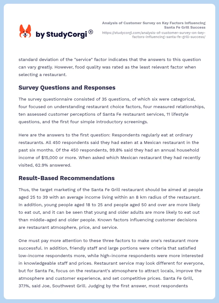 Analysis of Customer Survey on Key Factors Influencing Santa Fe Grill Success. Page 2